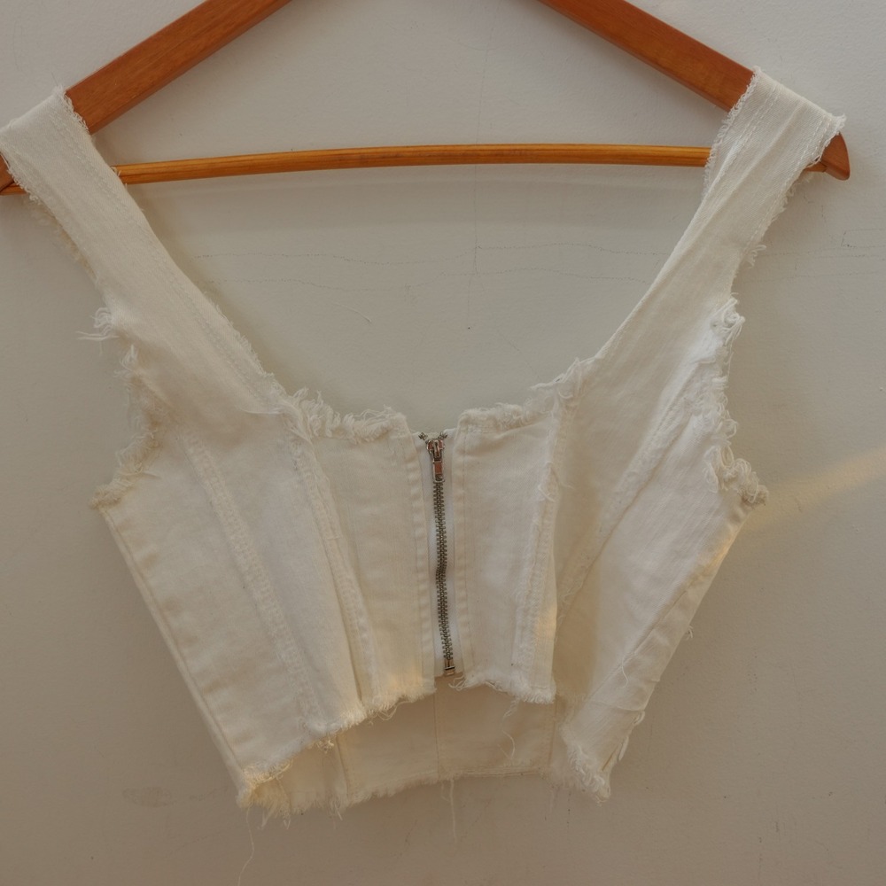 Y2K Fairy Grunge Corset Crop Top Womens XS White Boho Denim Bustier Frayed ADIKA - Picture 2 of 9